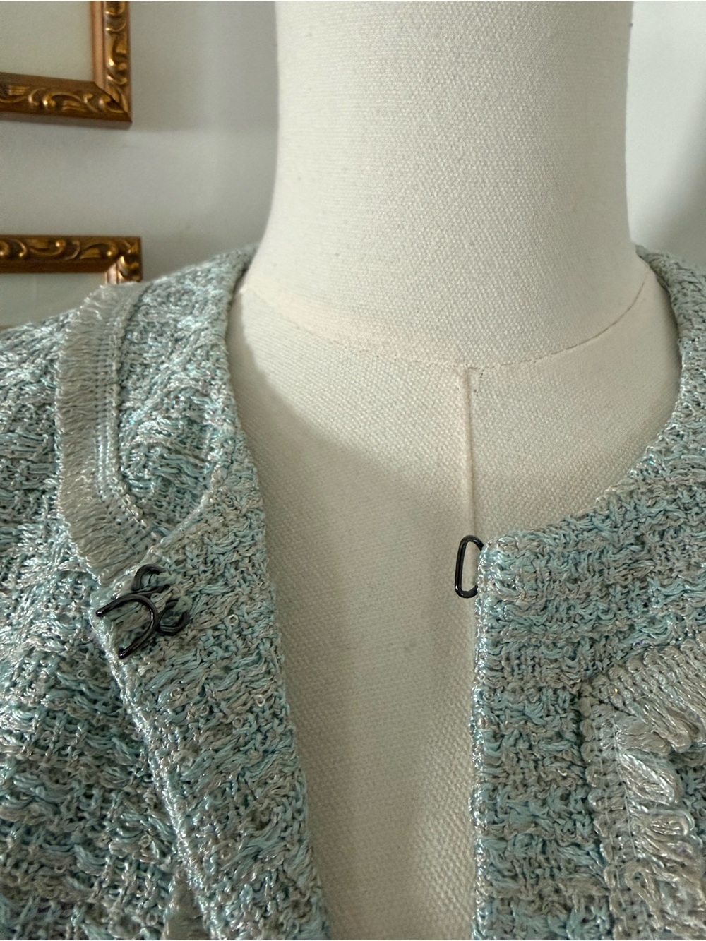 St. John Collection Iridescent Sequin Tweed Open Front Jacket in Seafoam - Picture 8 of 13